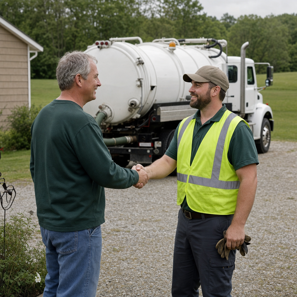 A septic technician shaking a Columbia homeowner's hand beside the service truck after a completed pump-out