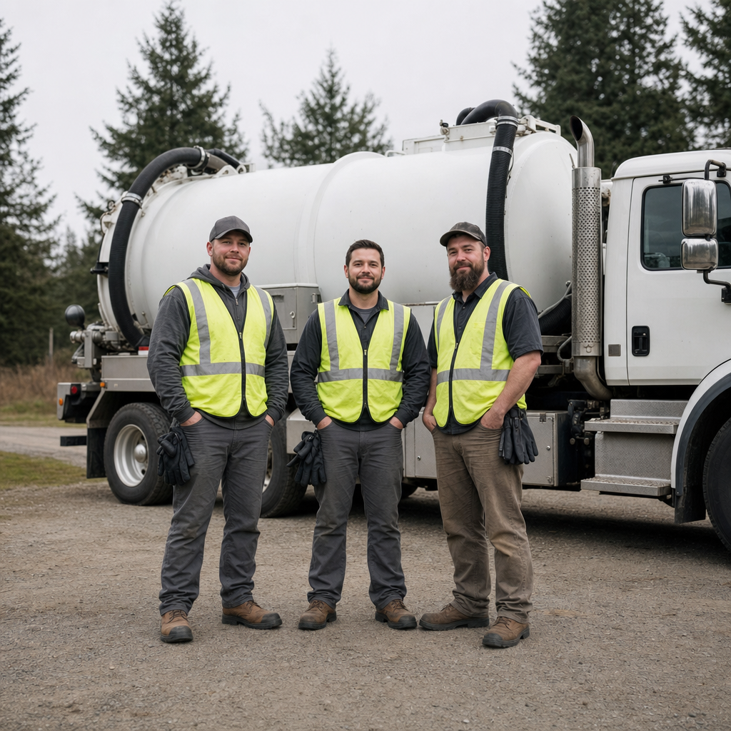 The Columbia septic pumping crew standing together beside their clean white vacuum truck on a residential street