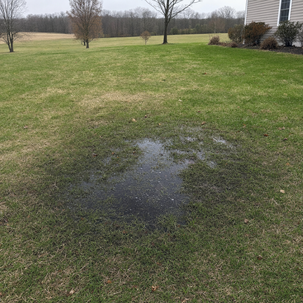 A dark, saturated wet spot in a Columbia backyard lawn marking a failing cesspool at capacity