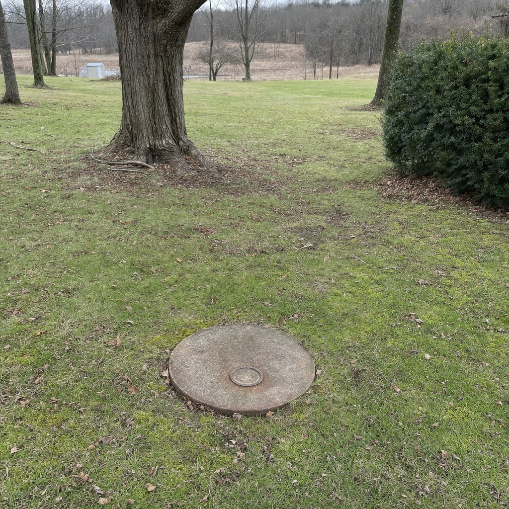 An older round cesspool access lid set flush in an established, mature Columbia backyard lawn