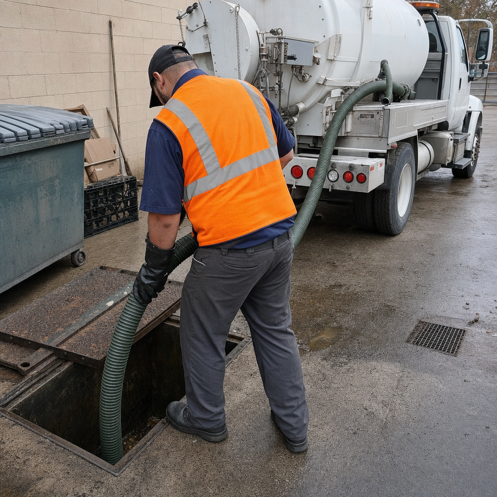 Technician pumping a grease trap behind a Columbia restaurant