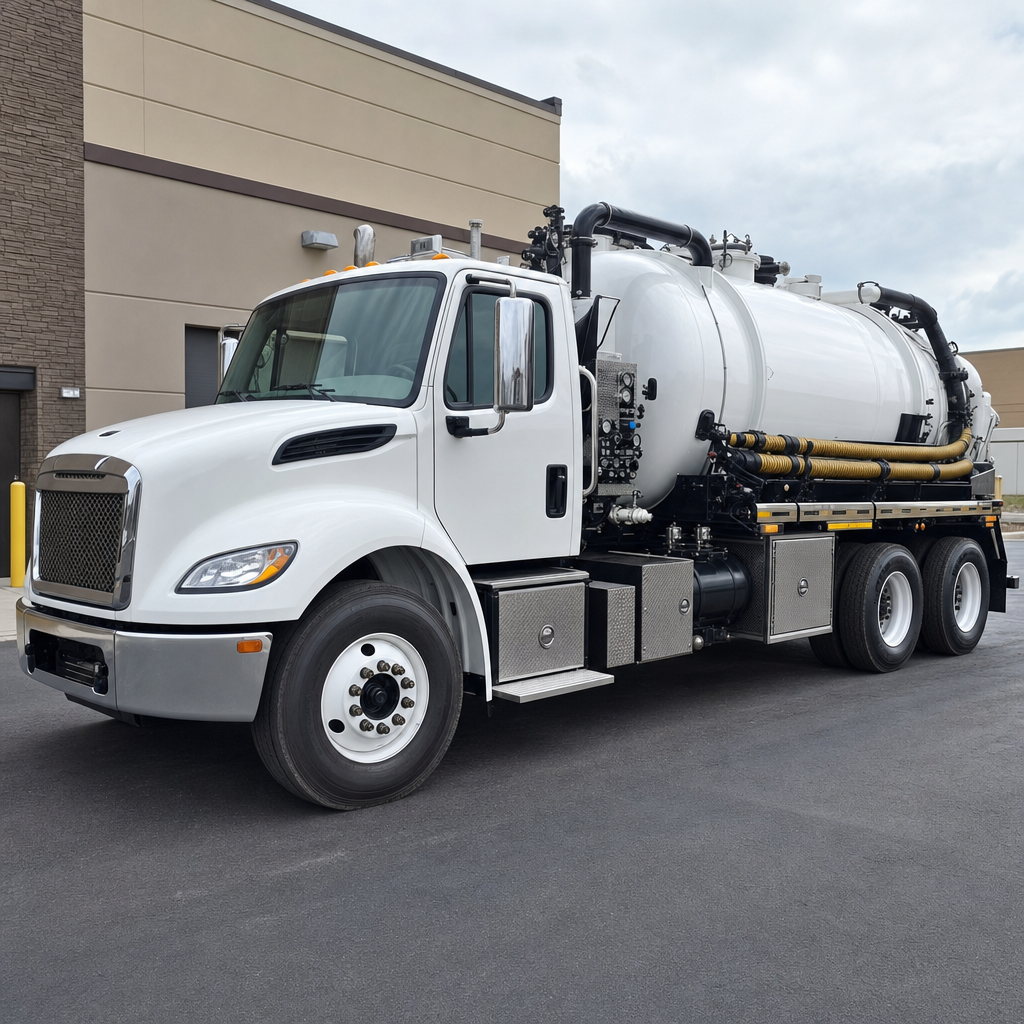 Commercial septic vacuum truck parked in a Columbia business parking lot