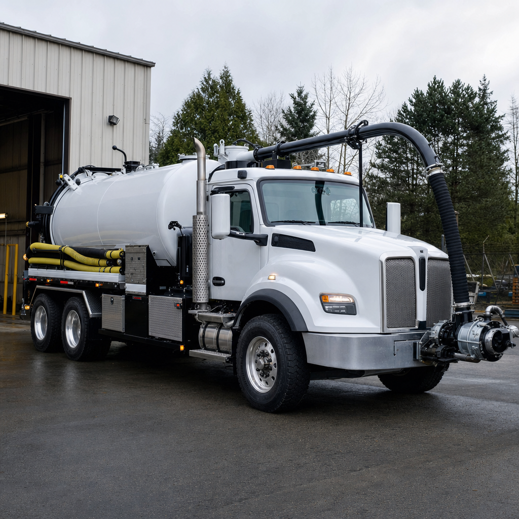 A clean white septic vacuum truck rolling out of a tidy Columbia service depot at the start of the day