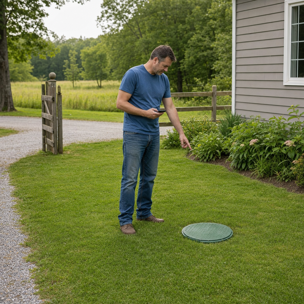 A Columbia-area homeowner standing in the backyard noting where the septic tank lid and access route are located