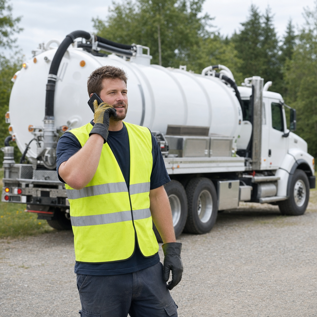 A friendly septic dispatcher holding a phone, ready to answer a Columbia homeowner's call about a pump-out