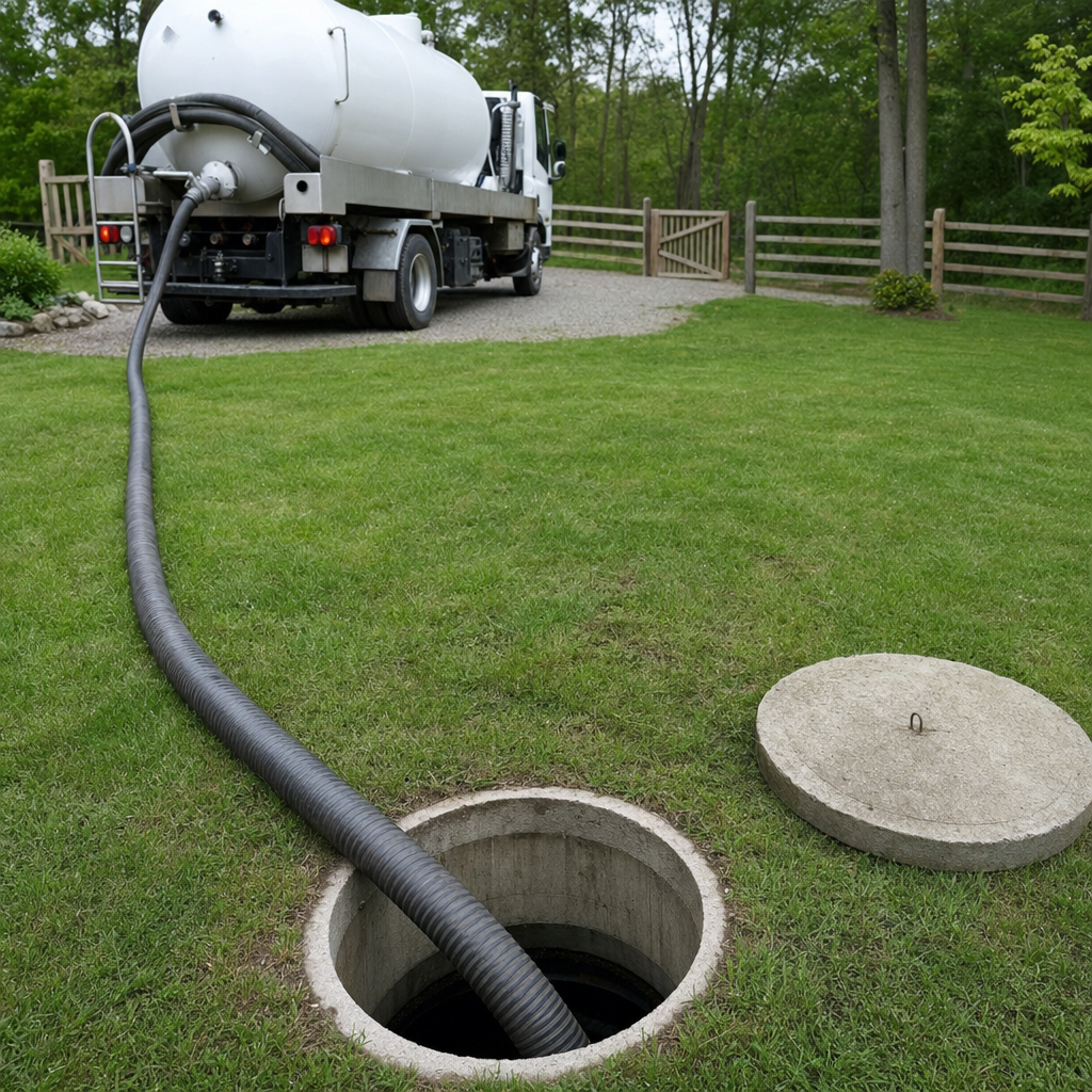 Suction hose connected to an open septic tank, drawing it down in a tidy Columbia yard