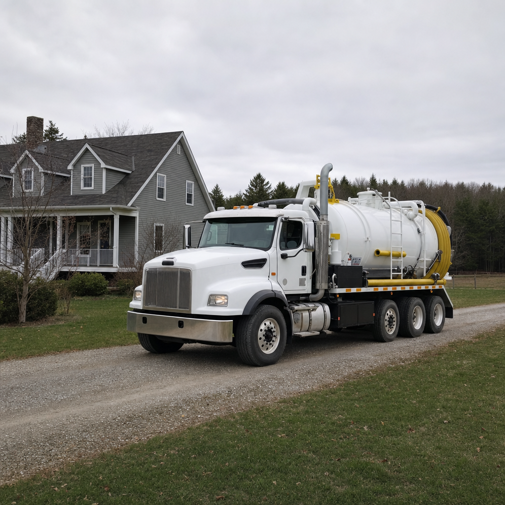 Septic vacuum truck arriving at a Columbia home for same-day emergency service