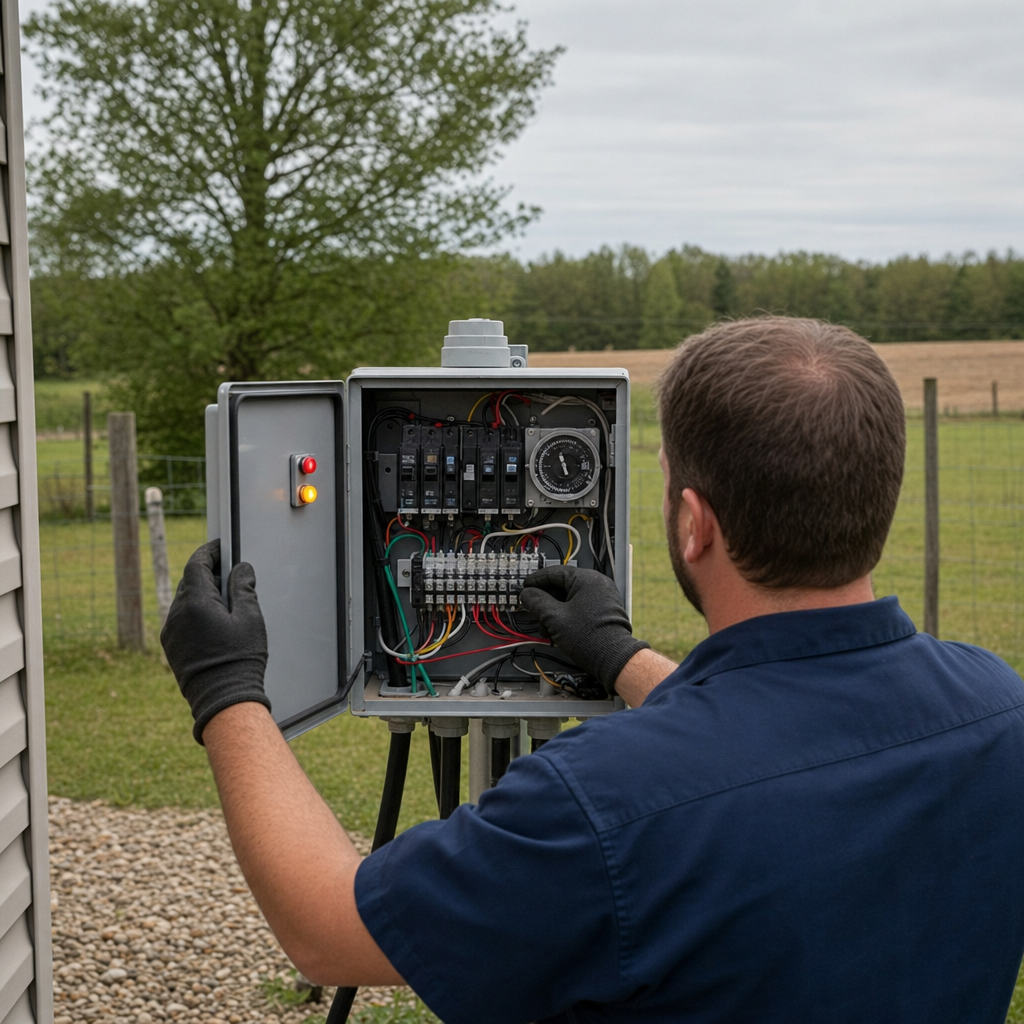 Technician checking an aerobic septic control box with a lit red high-water alarm during a same-day Columbia visit