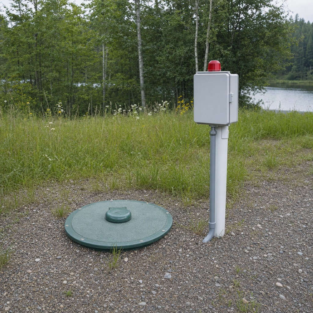 A wastewater holding tank access lid set in the ground at a rural Columbia-area cabin, with a mounted high-level float alarm panel nearby