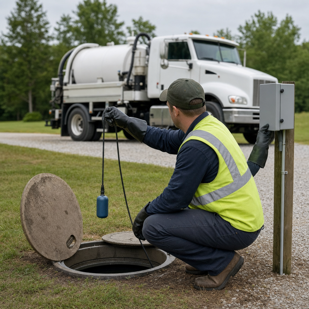 A septic technician in a high-visibility vest checking a high-level float switch and alarm panel on a holding tank at a rural Columbia-area site