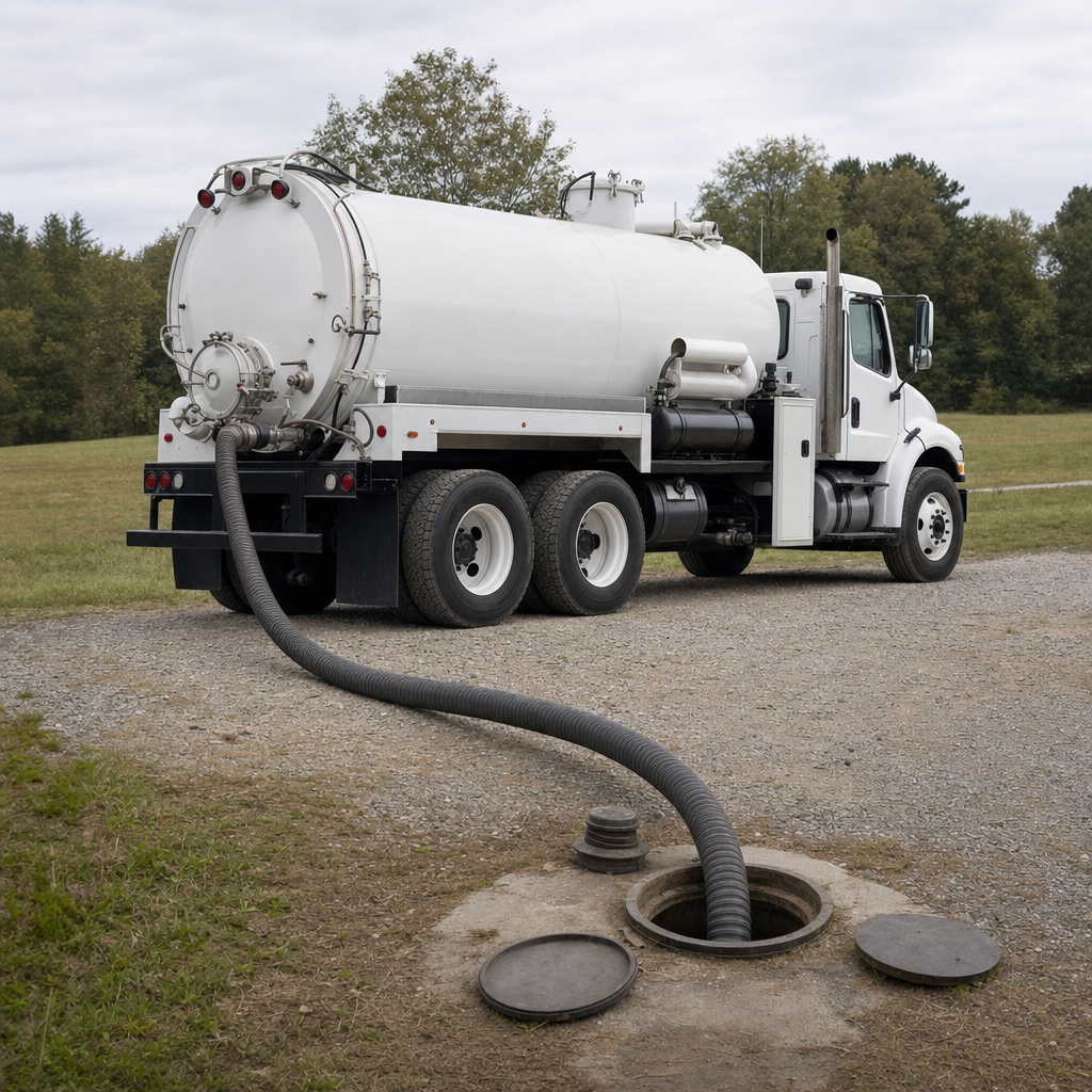 An unmarked white vacuum truck emptying a wastewater holding tank on a scheduled visit at a rural Columbia-area property, thick suction hose running to the tank lid