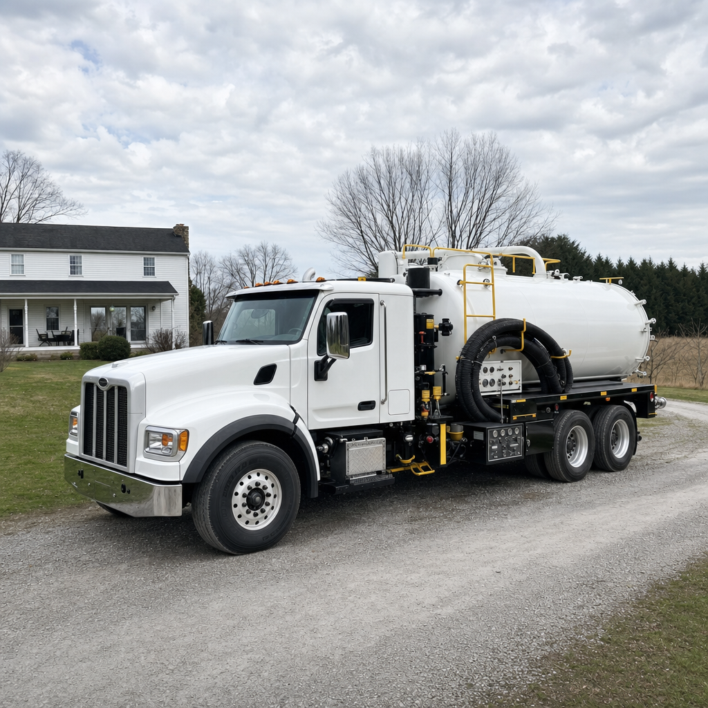 A clean white septic vacuum truck parked on a tidy Columbia driveway with the suction hose neatly coiled