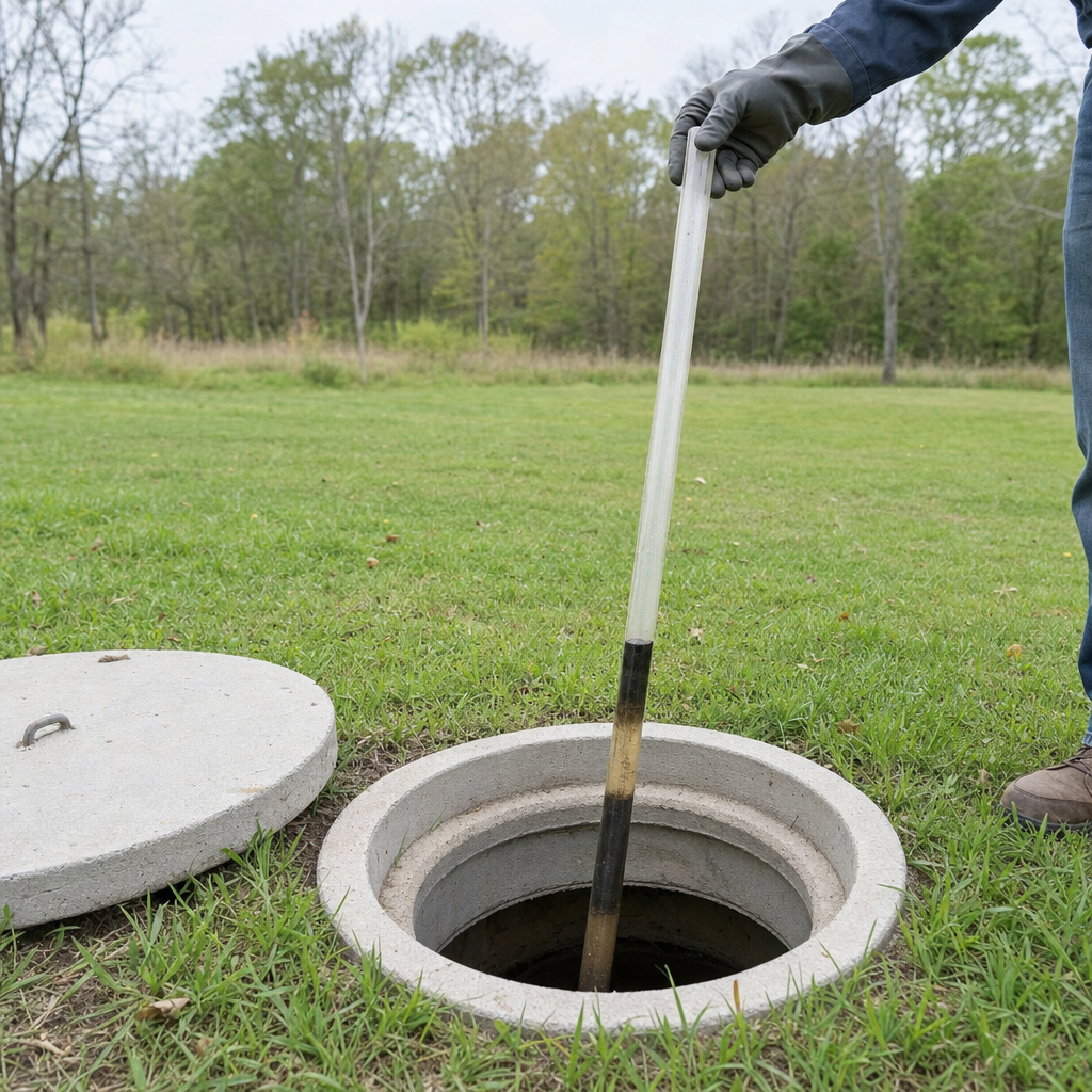A septic sludge-judge measuring stick lowered into an open Columbia septic tank to read the depth of the sludge and scum layers before deciding whether a pump-out is due