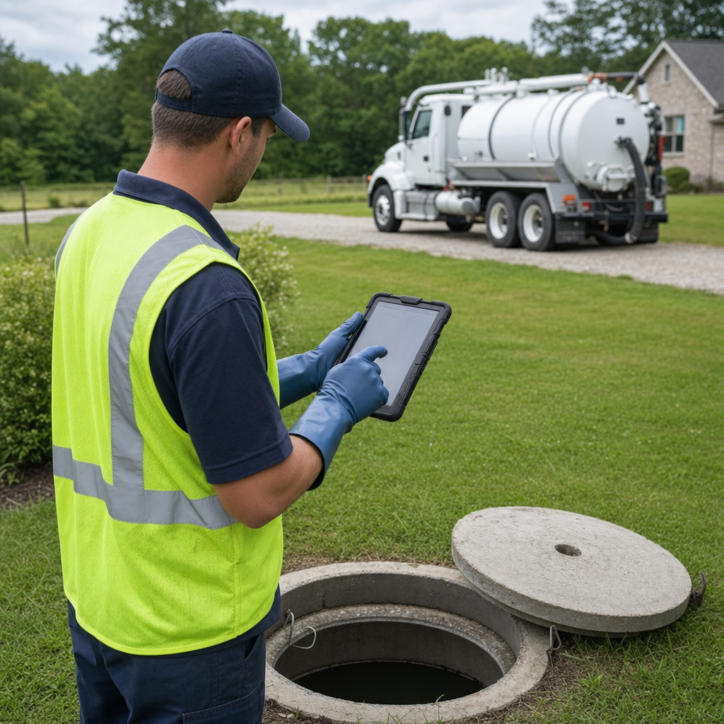 A septic technician recording a Columbia home's pump-out date and tank condition on a tablet beside an open access lid, tracking the service history that sets the next due date