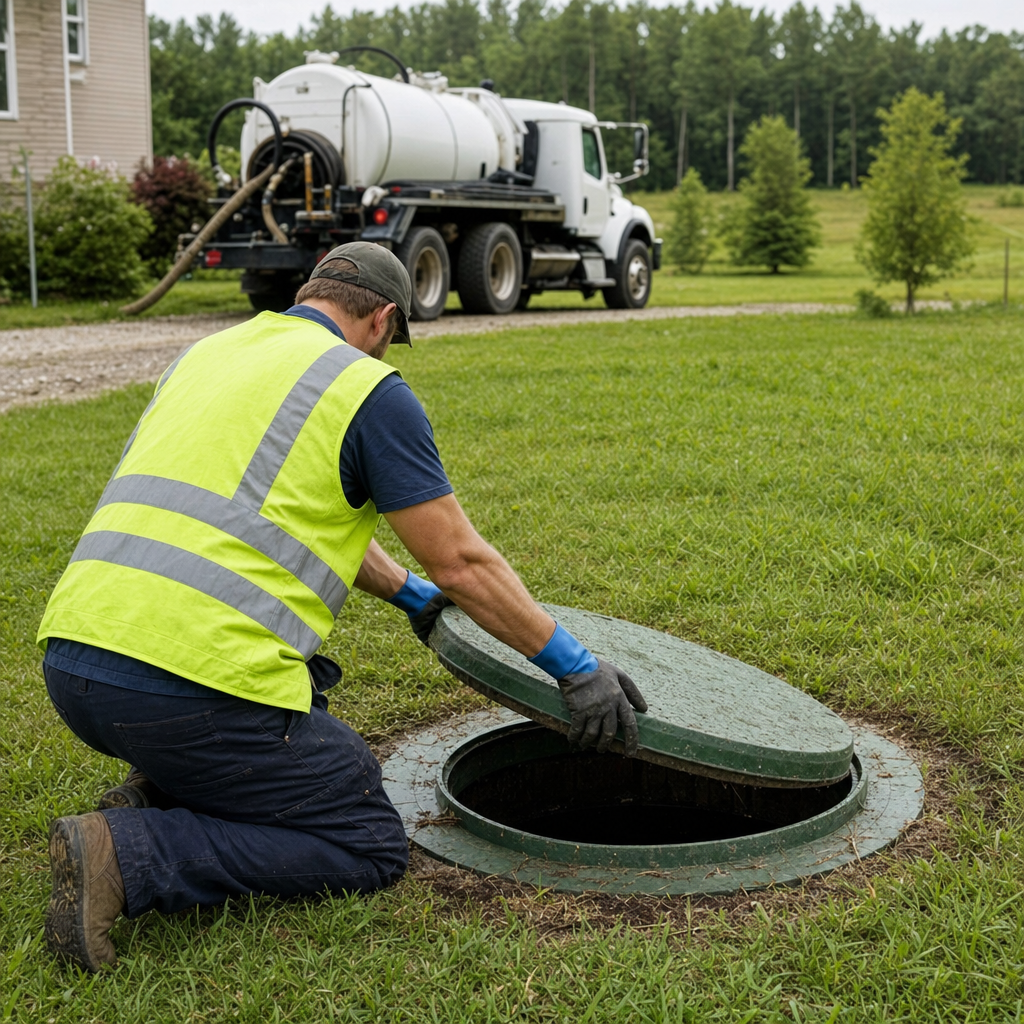 Septic technician kneeling on a Columbia lawn, lifting the access lid on a residential septic tank