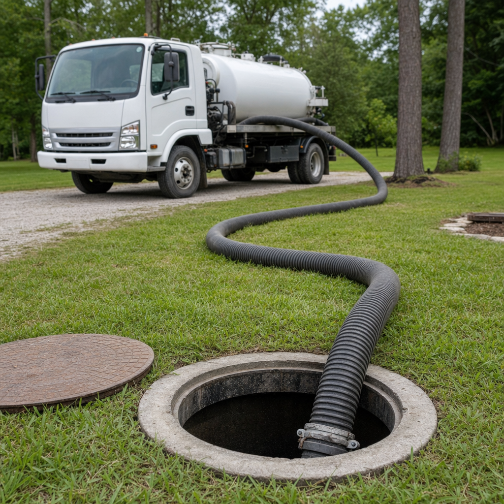 Thick ribbed suction hose lowered into a clean open septic tank port on a tidy Columbia backyard lawn