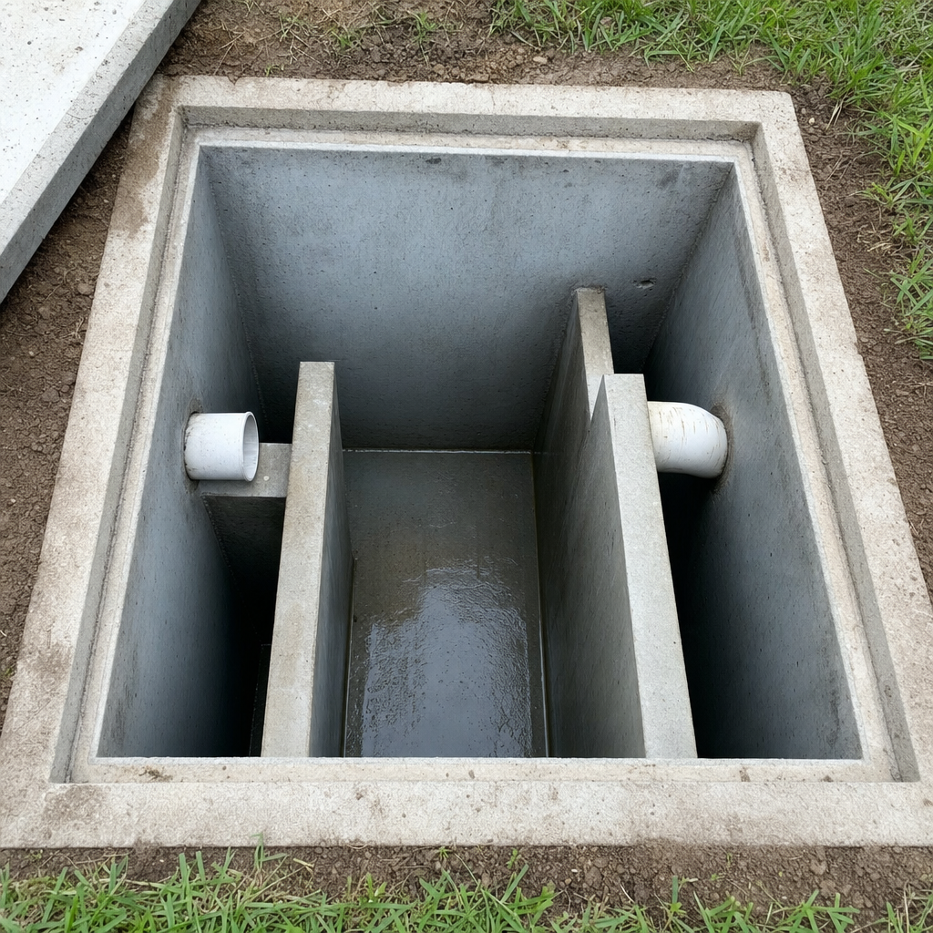 Inspection of the concrete baffles inside an open, emptied and freshly cleaned Columbia septic tank