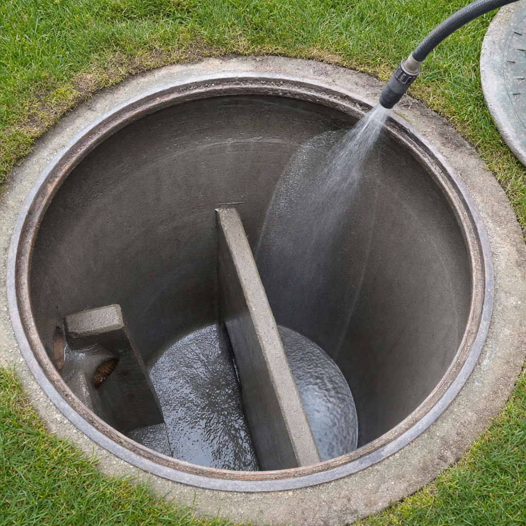 Interior concrete walls of an emptied Columbia septic tank being rinsed clean with the truck's onboard water hose