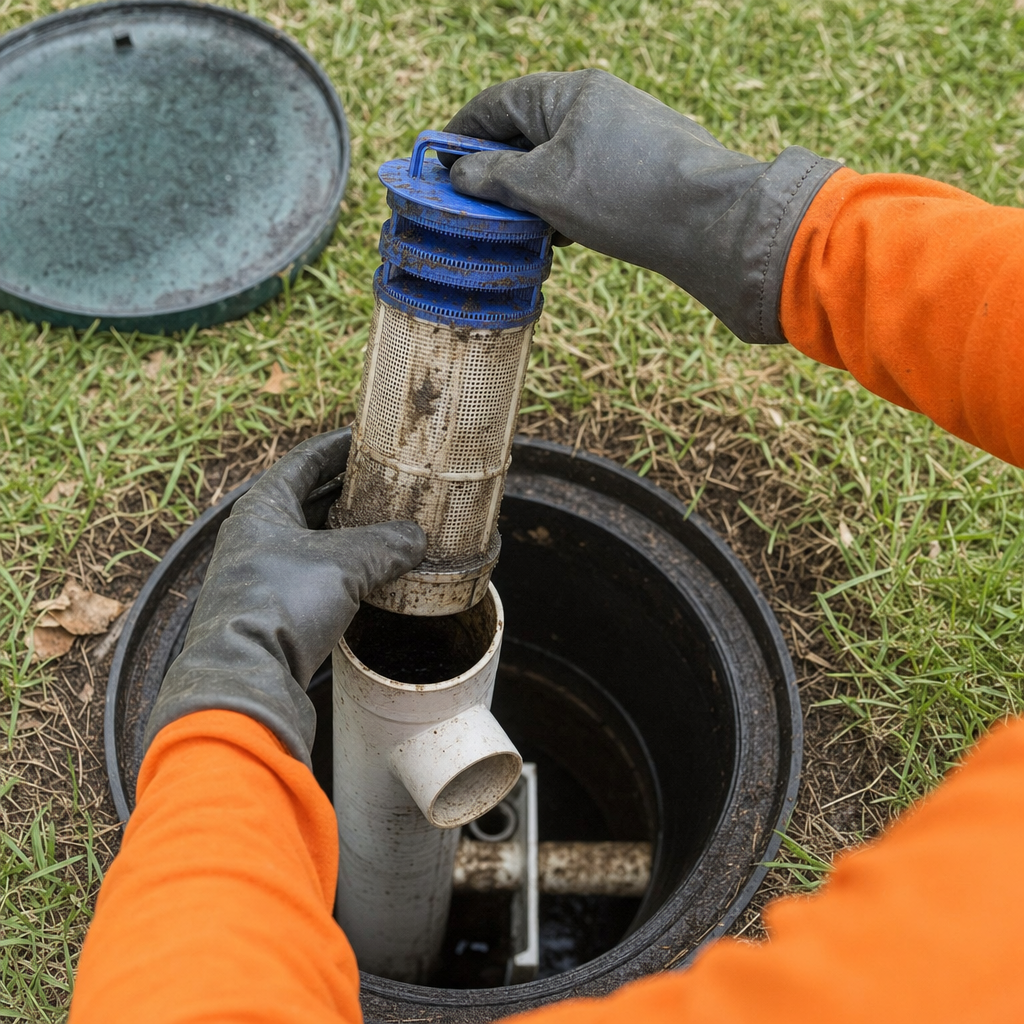 Septic technician's gloved hands lifting the effluent filter cartridge out of the outlet housing on a Columbia septic tank