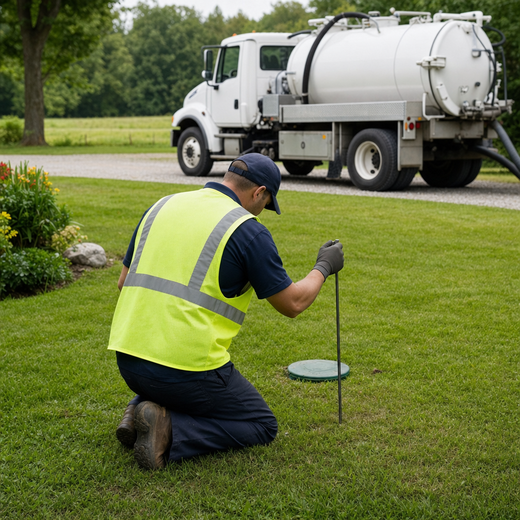 Septic technician kneeling on a Columbia lawn, probing to locate and measure the depth of a buried septic tank lid before pumping