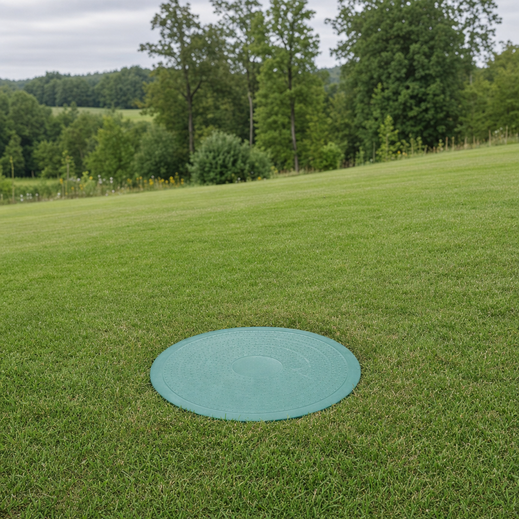A newly installed septic riser bringing the tank lid up flush to grade in a Columbia yard for easy future access