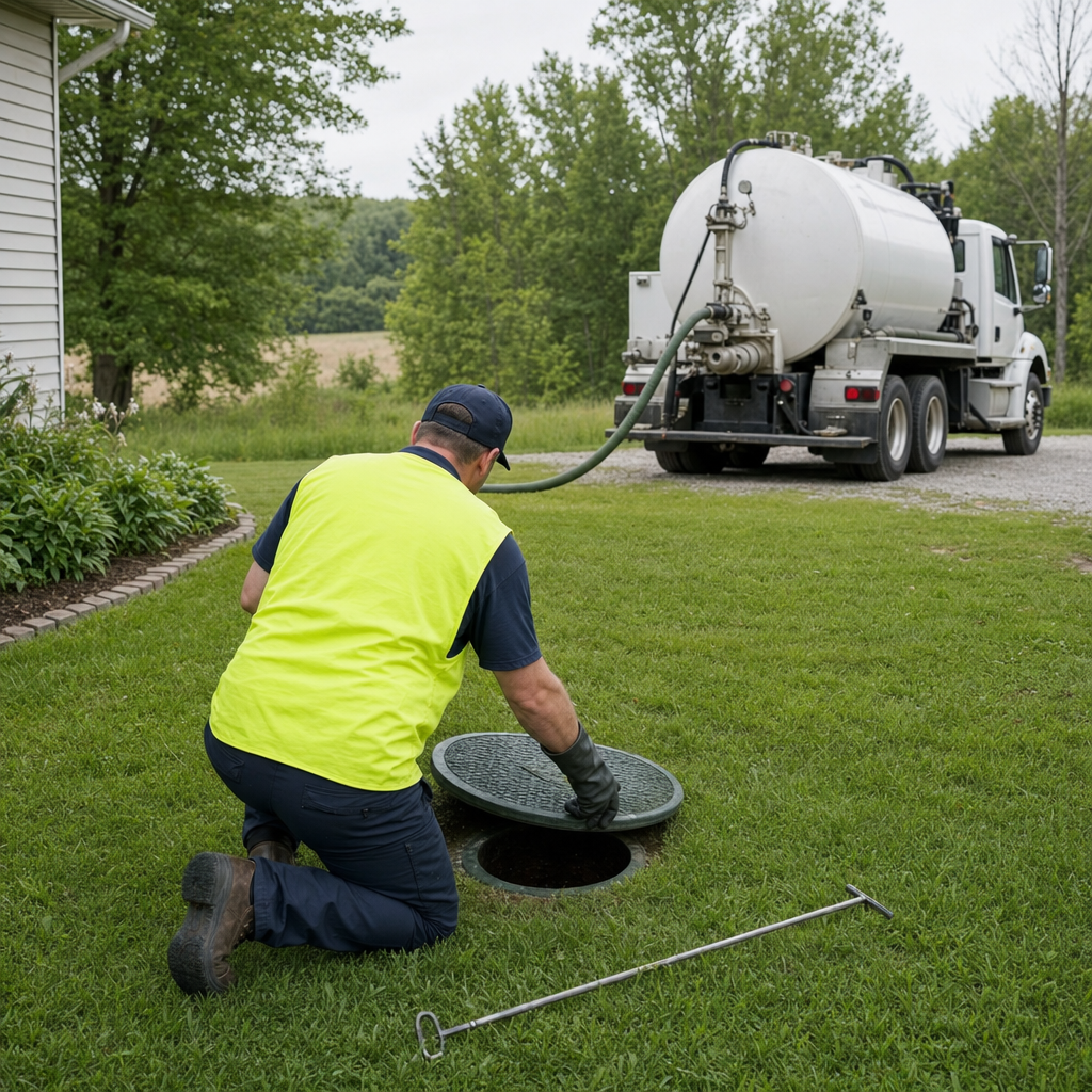 Septic technician kneeling on a Columbia lawn, lifting the buried access lid on a residential septic tank