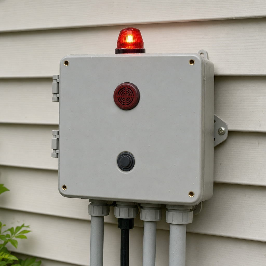 An aerobic septic system control panel mounted outside a Columbia home with its red high-water alarm light lit
