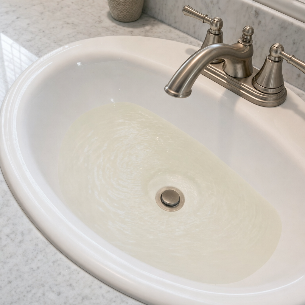 A bathroom sink draining slowly with water pooled in the basin, an early warning sign that a Columbia septic tank is full